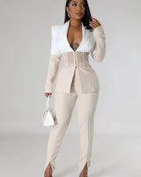 Two Piece Pant Set – First Class Pant Set close up of matching top design and fabric detail