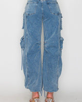 Women’s washed denim cargo joggers – oversized silhouette with utility details