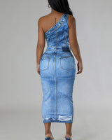Urban Edge One - Shoulder Denim Midi Dress (Light Blue) - Palazzo Couture Online