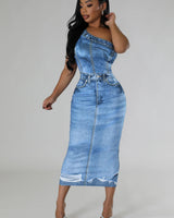 Urban Edge One - Shoulder Denim Midi Dress (Light Blue) - Palazzo Couture Online