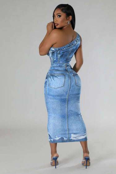 Urban Edge One - Shoulder Denim Midi Dress (Light Blue) - Palazzo Couture Online