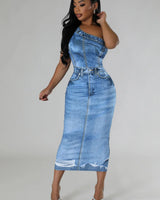 Women's Light Blue midi dress one-shoulder style back view