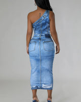 Urban Edge One-Shoulder Denim Midi Dress (Light Blue) close up detail of one-shoulder design