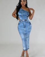 Elegant Light Blue one-shoulder midi dress on model styled for evening