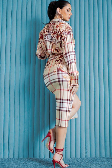 High-waisted plaid skirt with floral accents and front slit