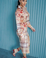 Button-down floral plaid blouse with collar detail