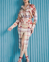 Urban Floral Plaid Skirt Set – Modern Elegance with Floral Flair front view showing complete two piece skirt set