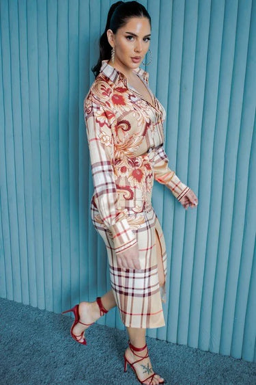 Urban Floral Plaid Skirt Set – Modern Elegance with Floral Flair close up of floral top design and fabric
