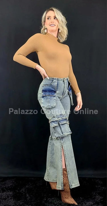 Utility Pocket Cargo Denim Pants side view showing jeans leg shape and fit