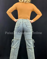 Utility Pocket Cargo Denim Pants showing waistband and cargo design details