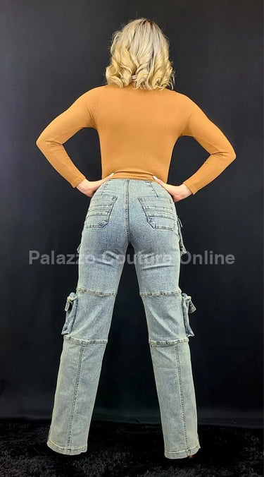 Utility Pocket Cargo Denim Pants showing waistband and cargo design details