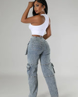 Utility Pocket Cargo Denim Pants full body look paired with top and accessories