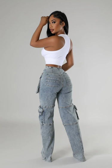 Utility Pocket Cargo Denim Pants full body look paired with top and accessories