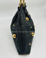 Soft Woven Tote Bag with textured woven body and gold spheres
