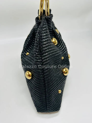 Soft Woven Tote Bag with textured woven body and gold spheres
