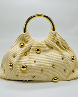 Woven tote bag ivory finish with gold sphere accents – woven tote bag