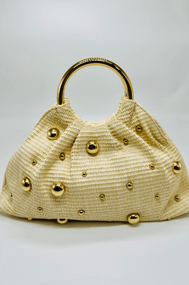 Woven tote bag ivory finish with gold sphere accents – woven tote bag