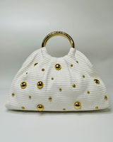 Vacation Mode Soft Woven Tote Bag White with round gold handles