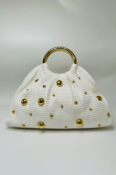 Vacation Mode Soft Woven Tote Bag White with round gold handles