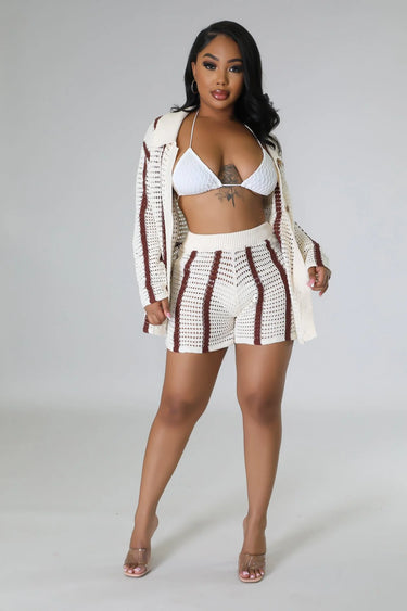 Vacation Mood Crochet Short Set – Brown Knit Two-Piece Outfit - women's resort wear and swimwear cover up