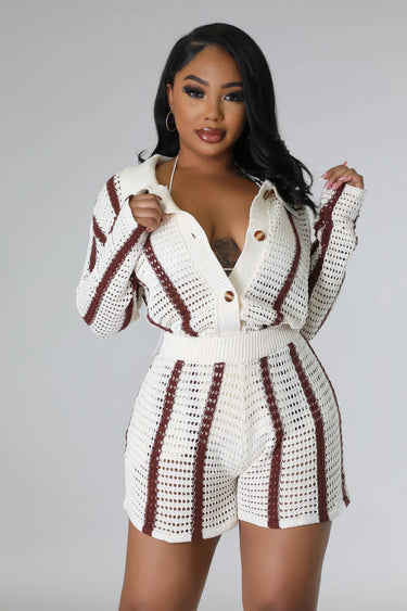 Vacation Mood Crochet Short Set – Brown Knit Two-Piece Outfit - chic beach wear by Palazzo Couture