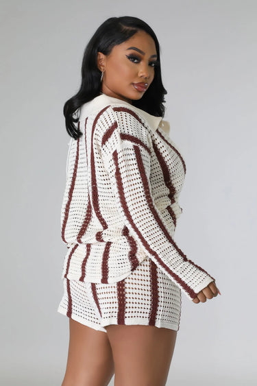 Vacation Mood Crochet Short Set – Brown Knit Two-Piece Outfit - women's swimsuit cover up