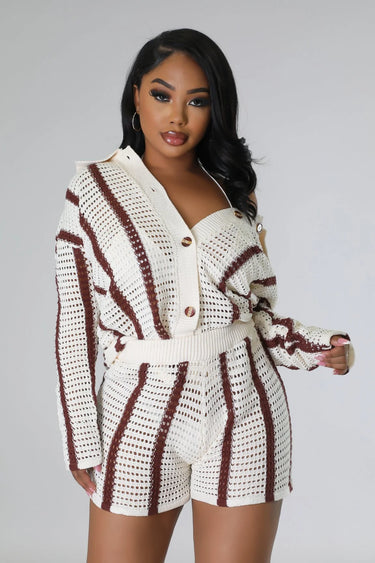 Vacation Mood Crochet Short Set – Brown Knit Two-Piece Outfit - summer beach essential