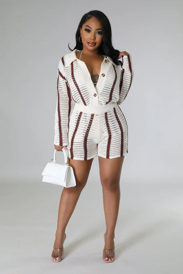 Vacation Mood Crochet Short Set – Brown Knit Two-Piece Outfit - vacation cover up for women