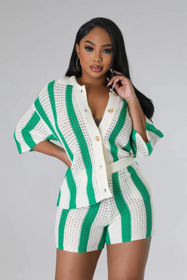 Vacation Mood  Shorts Set (Green) - women's resort wear and swimwear cover up