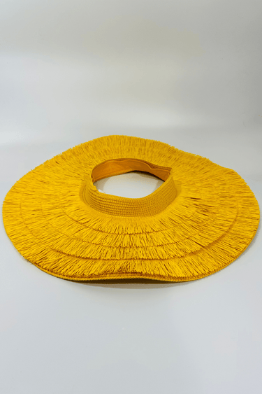 Yellow straw sun hat with wide fringe brim