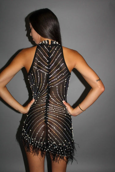 Vegas Glamour Mini Dress Black side view highlighting short hemline