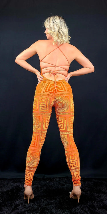 Velvet Mesh Jumpsuit – Next Destination Velvet Mesh Jumpsuit (Orange) - elegant jumpsuit for parties and events