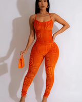 Velvet Mesh Jumpsuit – Next Destination Velvet Mesh Jumpsuit (Orange) - chic one-piece by Palazzo Couture