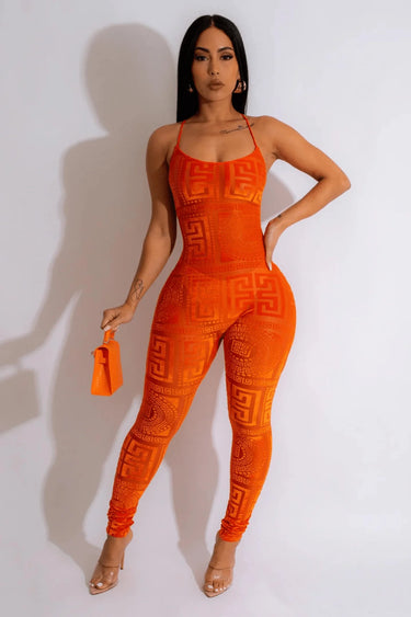 Velvet Mesh Jumpsuit – Next Destination Velvet Mesh Jumpsuit (Orange) - chic one-piece by Palazzo Couture