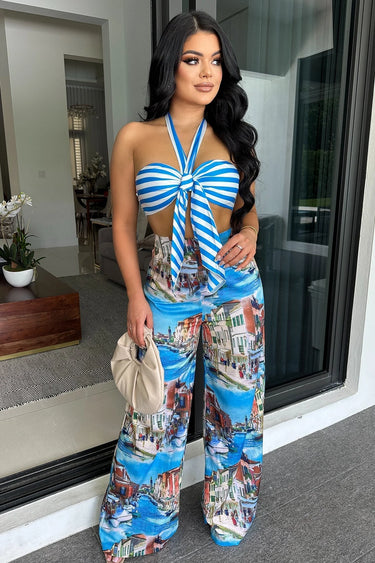 Venetian Dreams 2 Piece Pant Set close up of matching top design and fabric detail