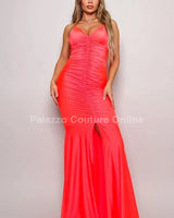 Venus Beauty Orange Gown with Flowing Silhouette close up detail of elegant design and fabric
