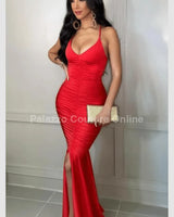 Women's Red maxi dress ruched style back view