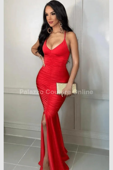 Women's Red maxi dress ruched style back view
