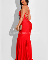 Venus Beauty Red Evening Gown with Ruched Silhouette close up detail of ruched design and fabric