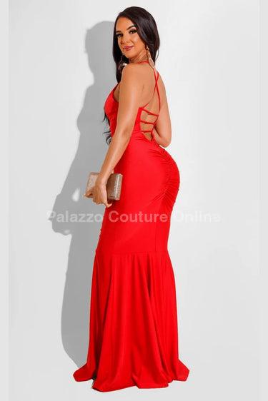 Venus Beauty Red Evening Gown with Ruched Silhouette close up detail of ruched design and fabric