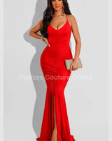 Venus Beauty Red Evening Gown with Ruched Silhouette front view showing full-length maxi silhouette