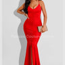 Venus Beauty Red Evening Gown with Ruched Silhouette front view showing full-length maxi silhouette
