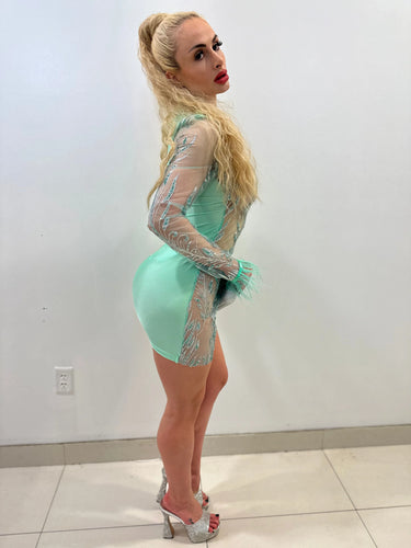 Viche Glam Teal Mini Dress with Shimmer Mesh Detail - view 2