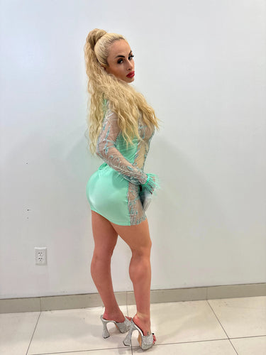 Viche Glam Teal Mini Dress with Shimmer Mesh Detail - view 3