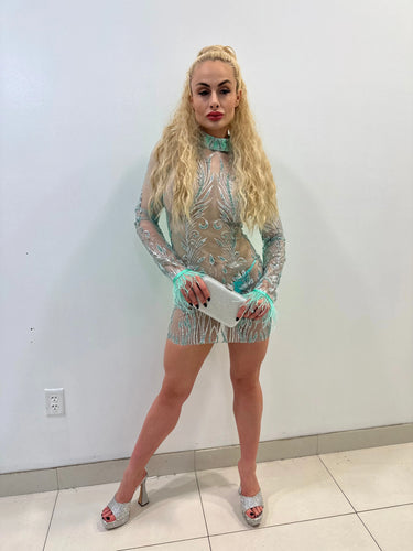 Viche Glam Teal Mini Dress with Shimmer Mesh Detail - view 5