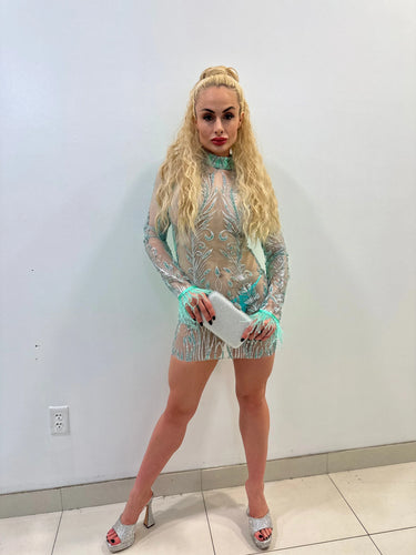 Viche Glam Teal Mini Dress with Shimmer Mesh Detail - view 6