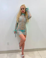 Viche Glam Teal Mini Dress with Shimmer Mesh Detail - view 7