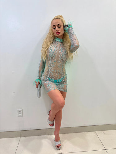 Viche Glam Teal Mini Dress with Shimmer Mesh Detail - view 7