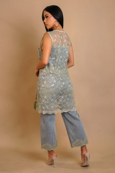 Vintage Lace Charm 2-Piece Denim Pant Set close up of denim top design and fabric detail