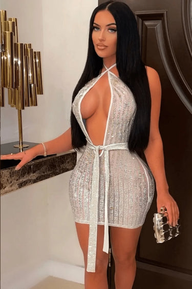 Viva Crystal Mini Dress (white) front view showing mini dress silhouette